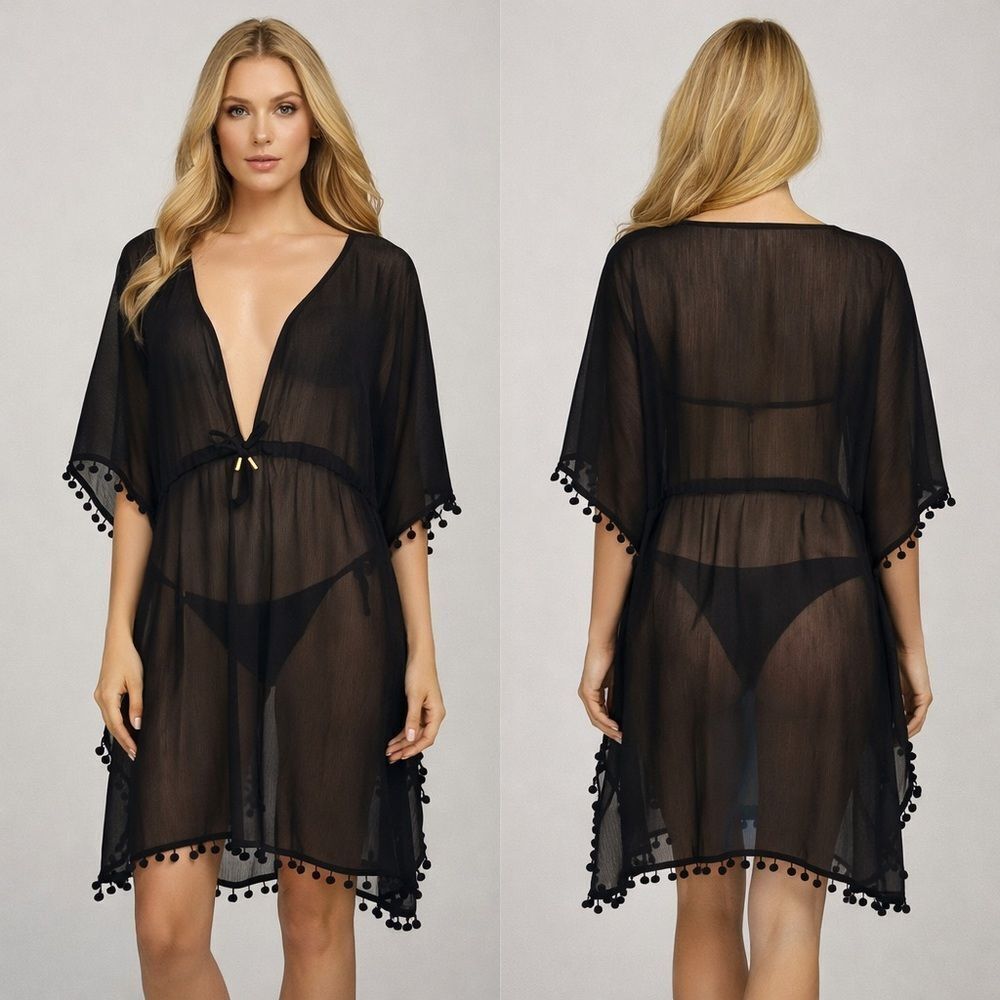 Bleu Rod Beattie Black Sheer Pom-Pom Flowy Cover-Up New Size Large